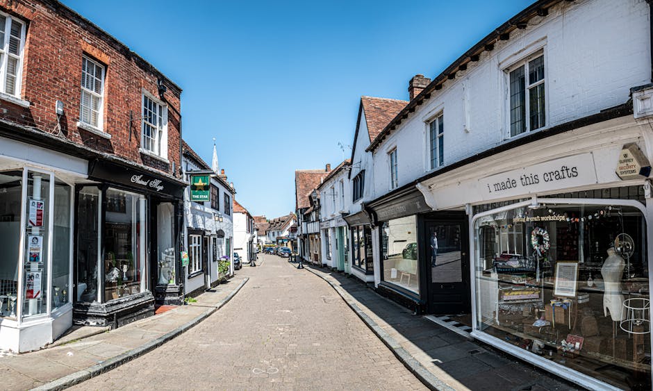 A narrow, paved street in Kingston town centre with small shopfronts on both sides, including a craft store with a mannequin and display tables in the window, and a flower shop with potted plants outside. The street is largely unobstructed, with a few parked cars visible at the end, under a clear blue sky with bright sunlight casting minimal shadows. The scene captures a typical setting for residential or commercial property movement, where home relocation or furniture transport processes might involve loading or unloading items nearby. The presence of shopfronts and pedestrian walkways suggests proximity to a retail area, with the possibility of ground-floor flats or offices above some stores. This environment is relevant for visual context related to house removals and packing and moving operations conducted by Removal Company Kingston, which provides professional removals services in the Kingston KT1 area.
